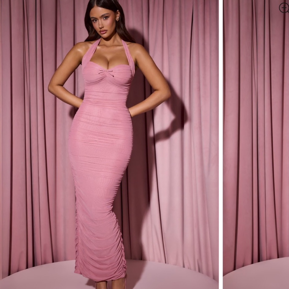 Halter Ruched Maxi Dress in Dusty Pink